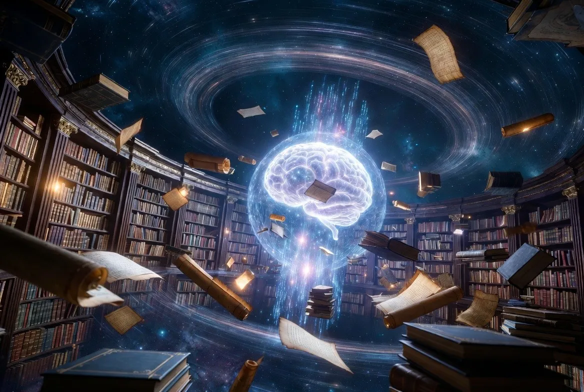 A luminous translucent brain suspended at the centre of a circular library, books and loose manuscript pages tumbling around it beneath a spiral galaxy
